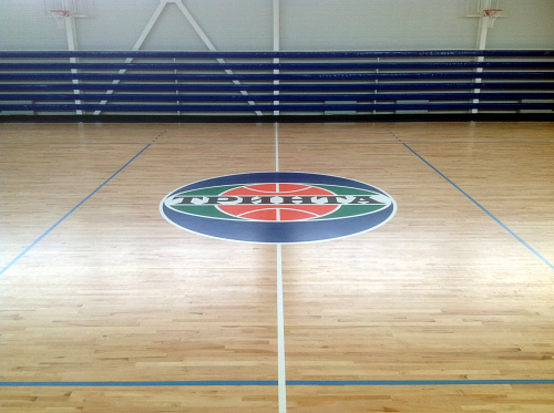  В в баскетбольном зале установлен паркет системы RezillPanel фирмы Connor Sports Flooring (США) из массива канадского клена. Общая площадь спортивного паркета - 650 кв. метров.