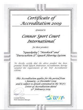 Сертификат международной федерации сквоша squash for Connor Flooring Systems